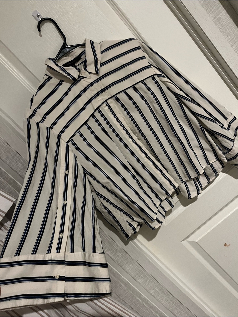 BCBGMaxAzria White and Navy Vertical Stripe Button-Down Shirt